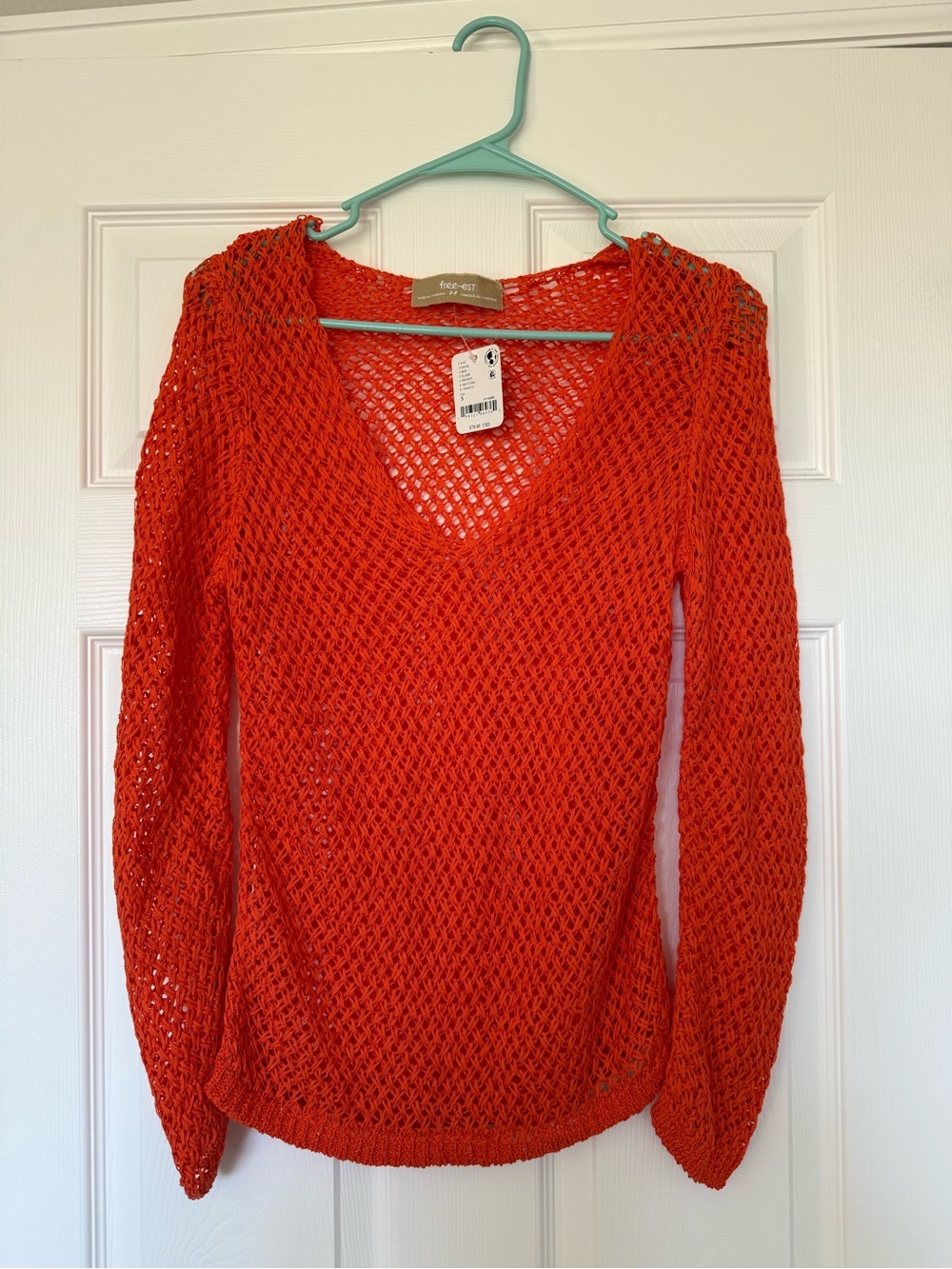 NWT Free People Free-est Orange Open-Knit V-Neck Sweater Sz S